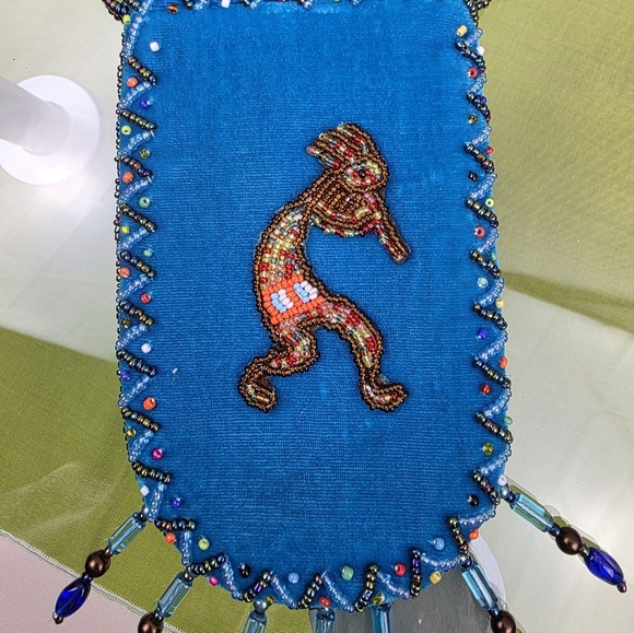 Kokopelli Handmade Beaded Aqua Blue Velvet Crossbody Pouch - Picture 3 of 4